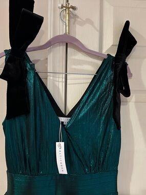 Baltic Born Teal-Green Metallic Maxi Dress with Black Velvet Ties